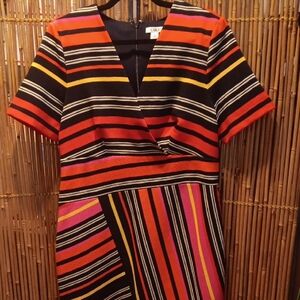 Cato Orange Black Sheath Midi Dress V-Neck Short Sleeve